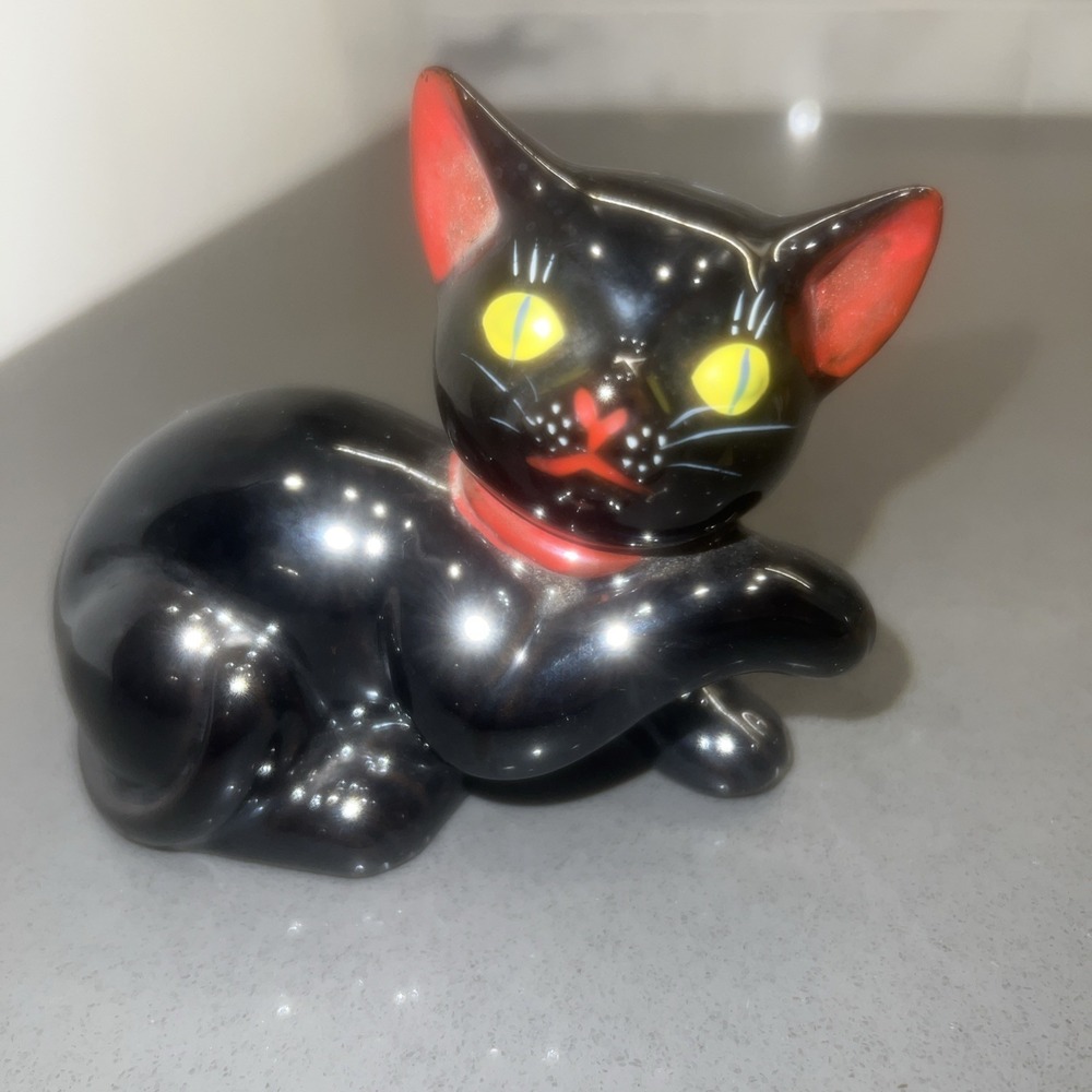 Vintage Glossy Black Cat Figurine Redware Ceramic Mid Century Hand Painted 1950s